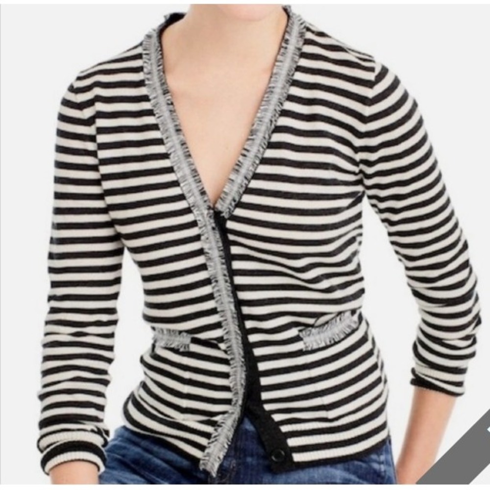 J.Crew Striped Harlow Cardigan Sweater Merino Wool Fringe G9828 Black/Cream Med
